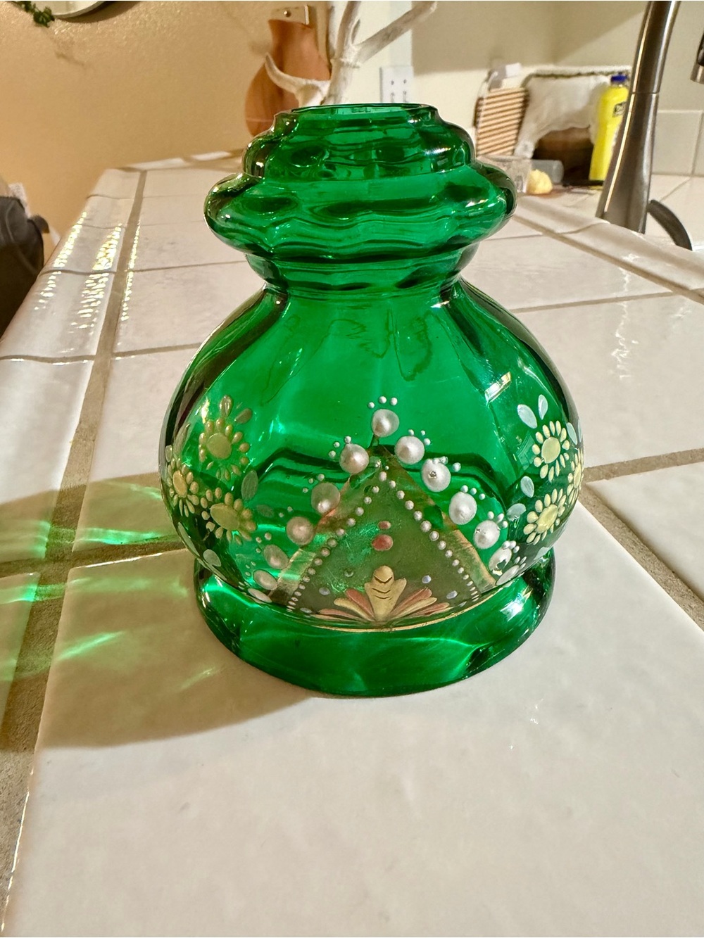 Vintage Fenton glass emerald green hand-painted floral fairy lamp top